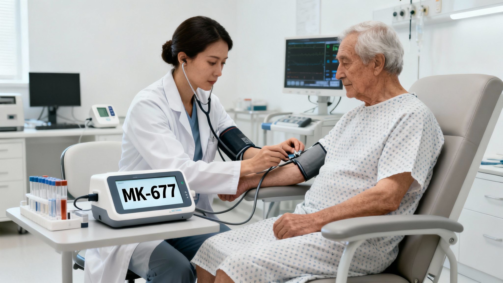 Clinical monitoring session with technician performing blood pressure and lab checks on an older patient using MK-677
