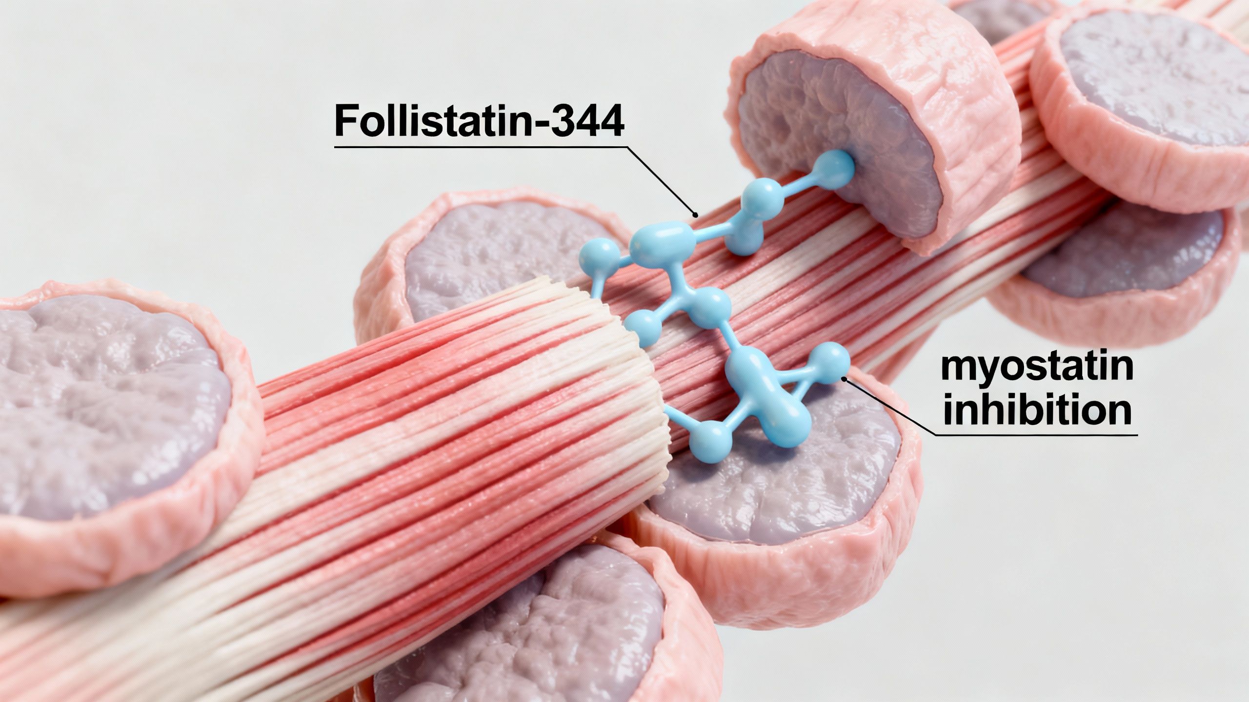 Human anatomical illustration highlighting muscle fibers and peptides enhancing muscle mass, incorporating the theme of Follistatin-344 and myostatin inhibition. Hyper-realistic, high resolution, medical context.