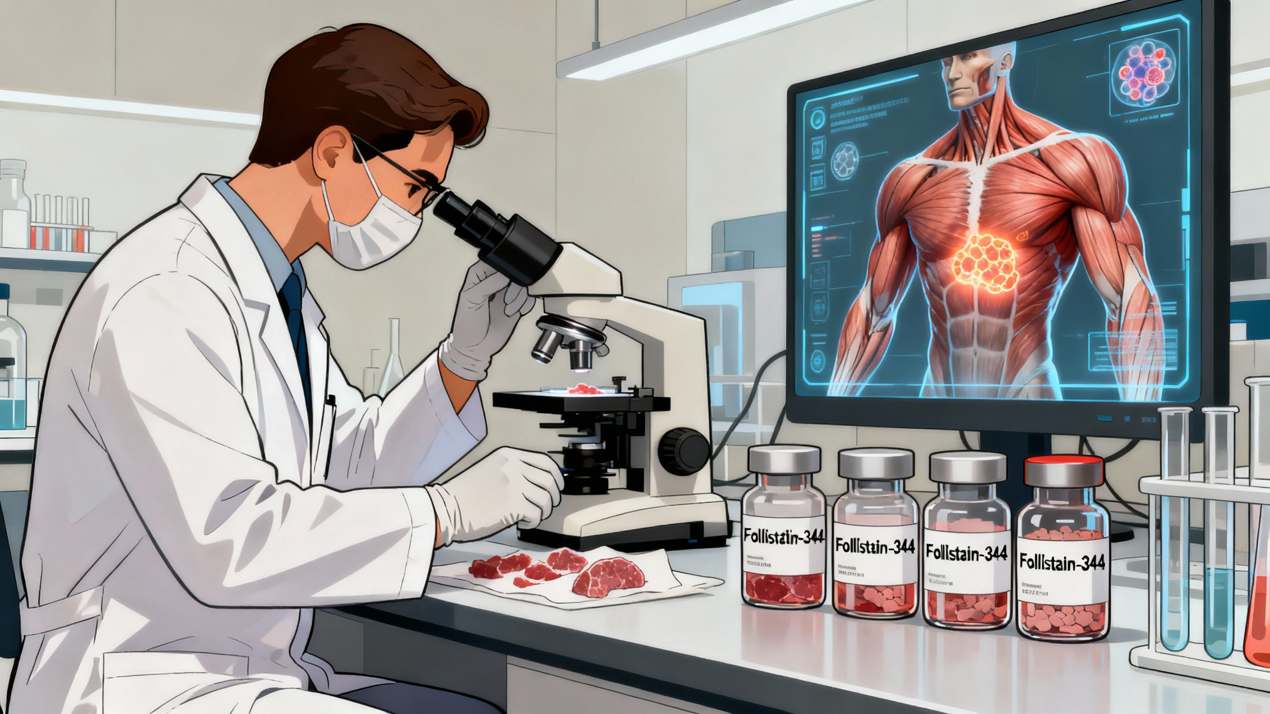 Laboratory setting with scientist analyzing muscular biopsies, peptide vials, and digital illustration of muscle hypertrophy, highlighting Follistatin-344 research. Professional medical context.
