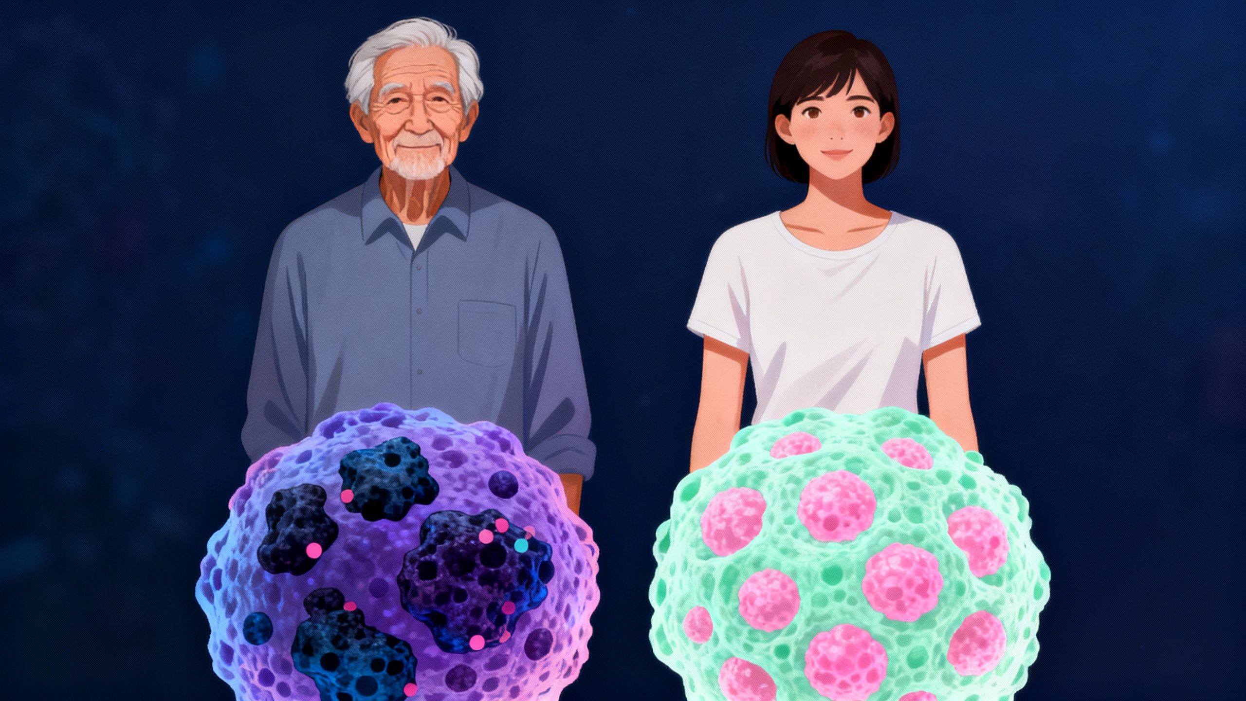 Illustration of an older and younger person side by side, with magnified cells depicting differences between senescent and healthy cells; emphasizes cellular senescence and aging