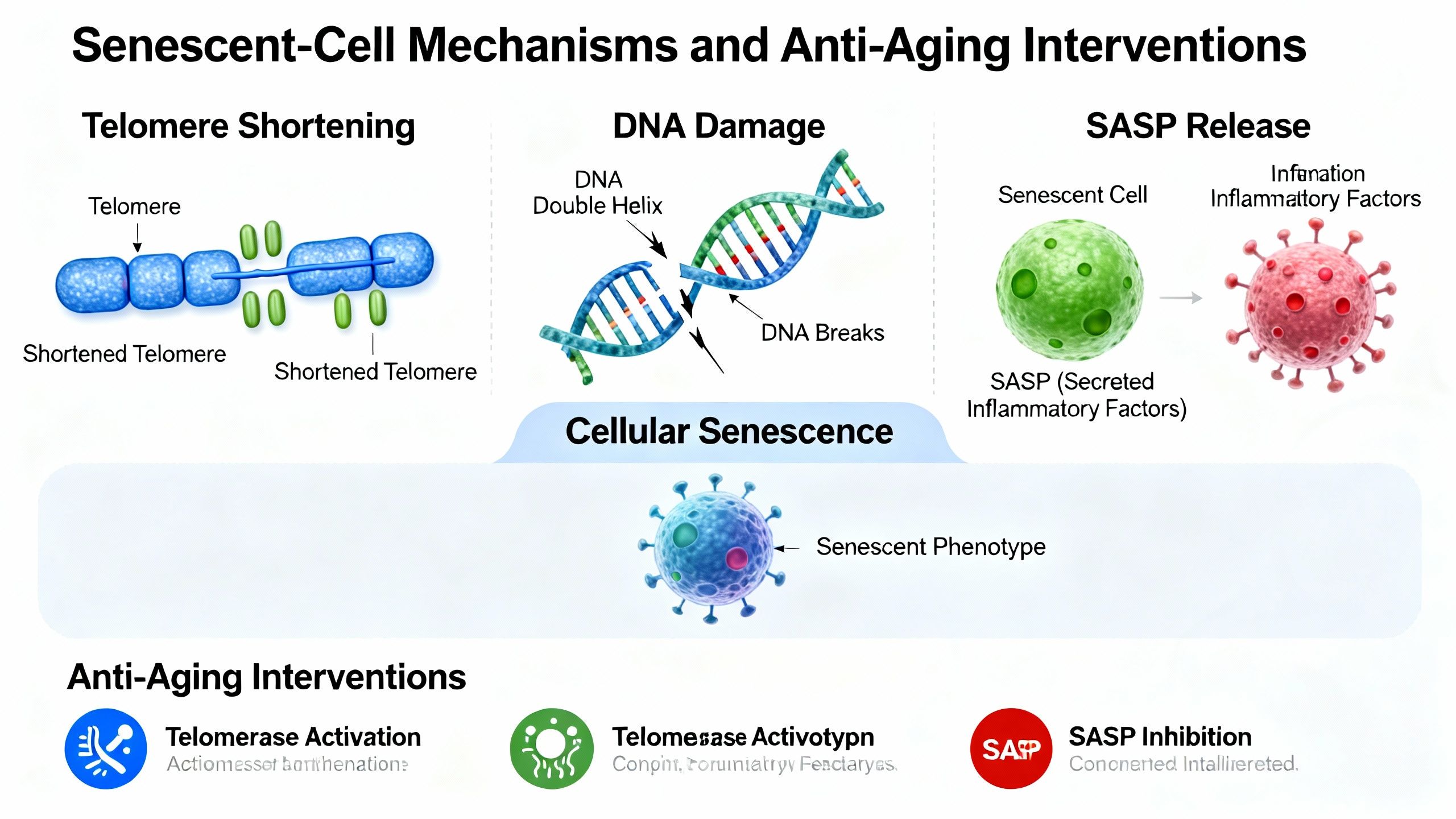 High-resolution graphic depiction of various senescent-cell mechanisms, including telomere shortening, DNA damage, and SASP release, highlighting cellular senescence and anti-aging interventions