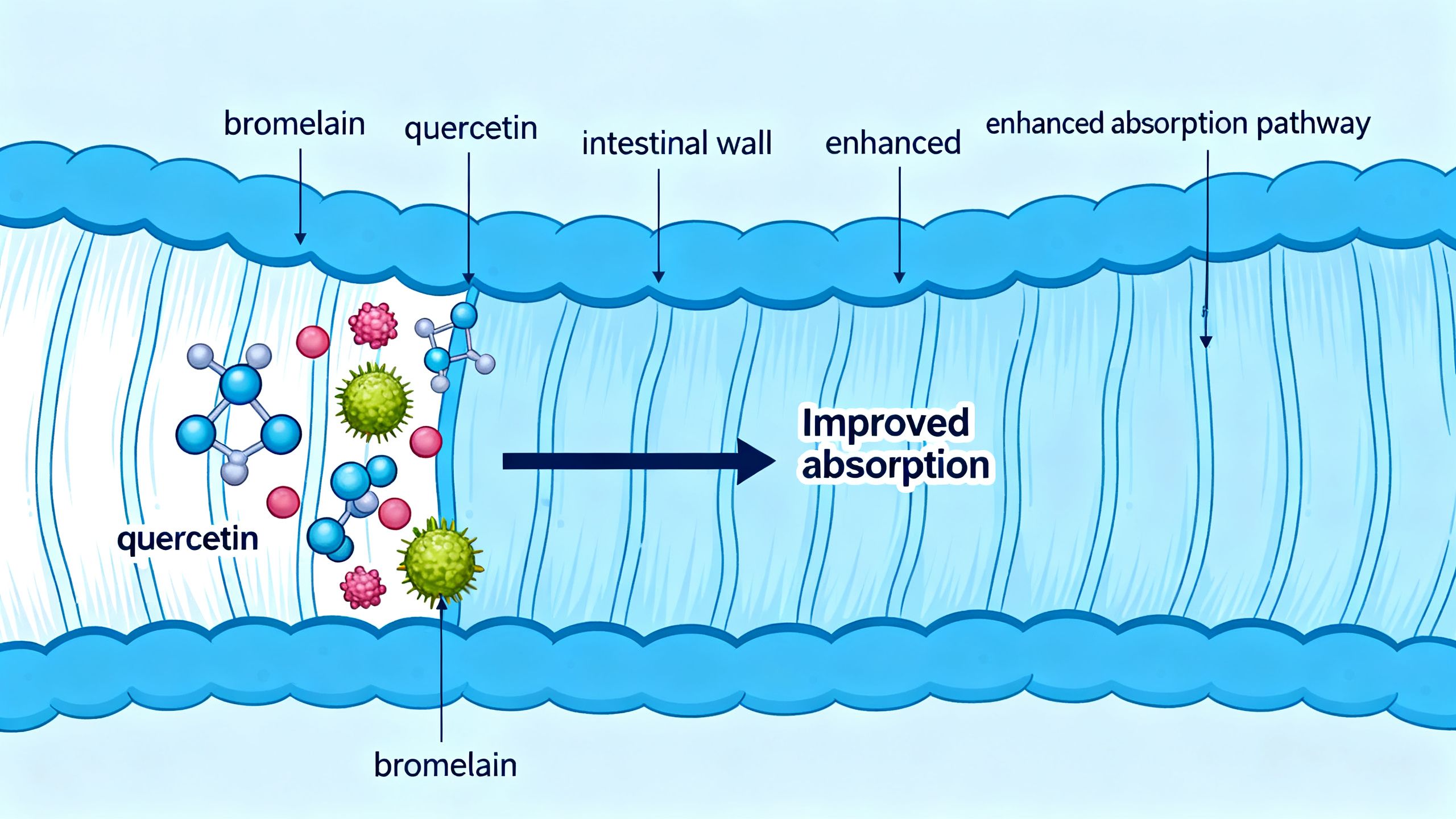 Diagram showing bromelain helping quercetin cross the intestinal wall, illustrating improved quercetin bromelain absorption