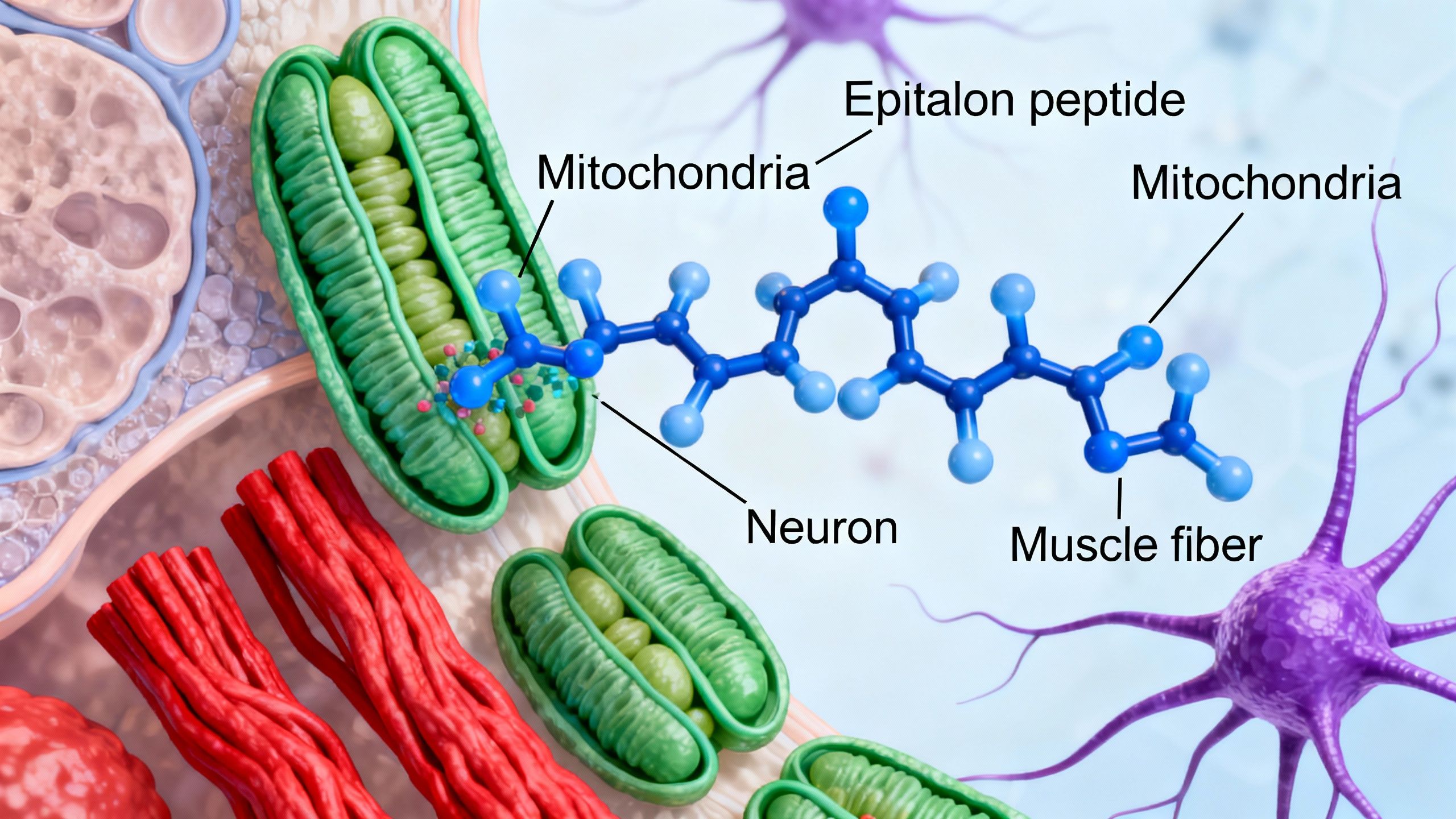 Epitalon peptide molecule aiding mitochondrial support in neurons and muscle fibers