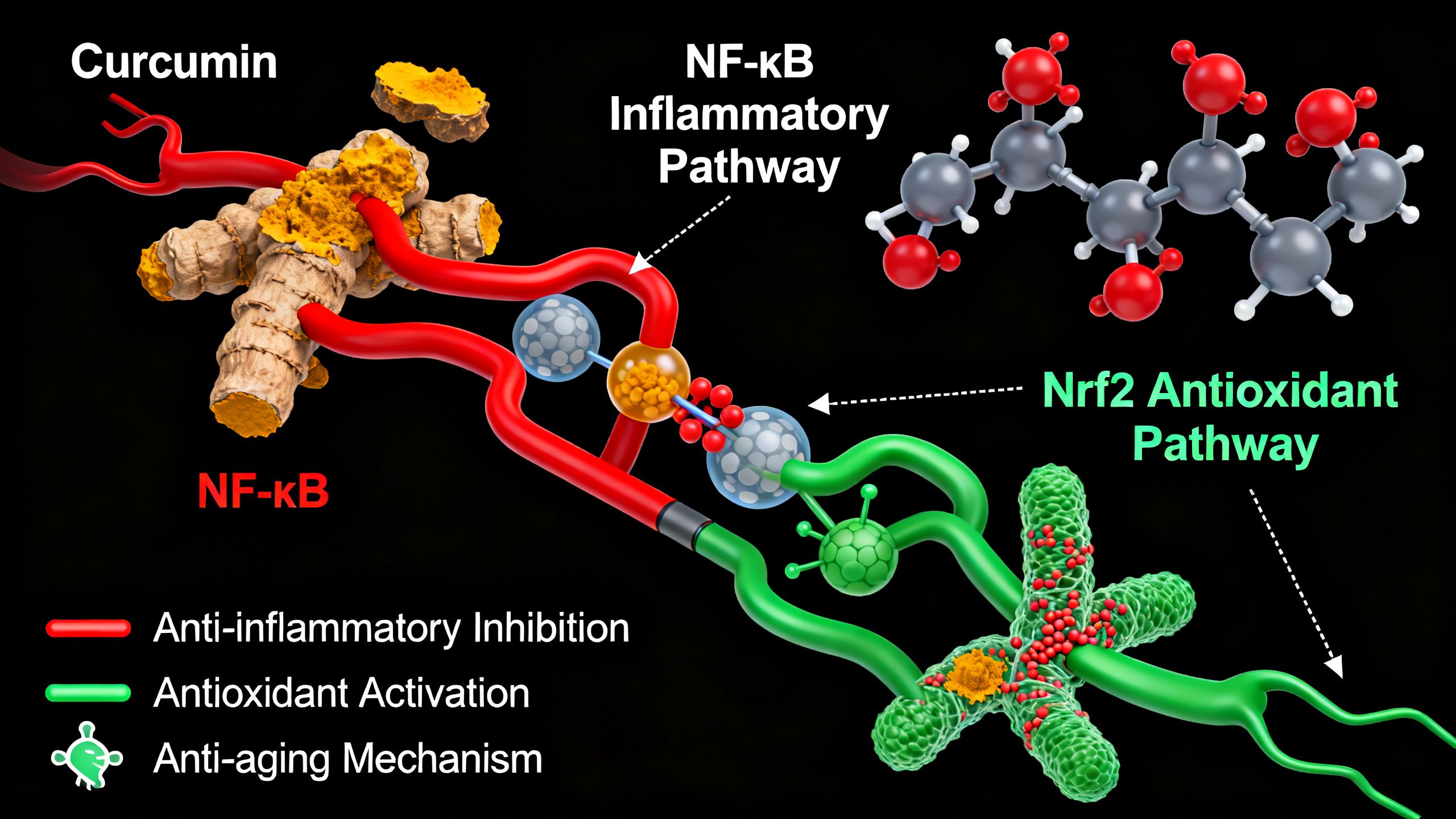 A complex biochemical diagram illustrating the molecular mechanism of curcumin, showing its interaction with key inflammatory and antioxidant pathways like NF-κB and Nrf2, relevant to its anti-aging effects.