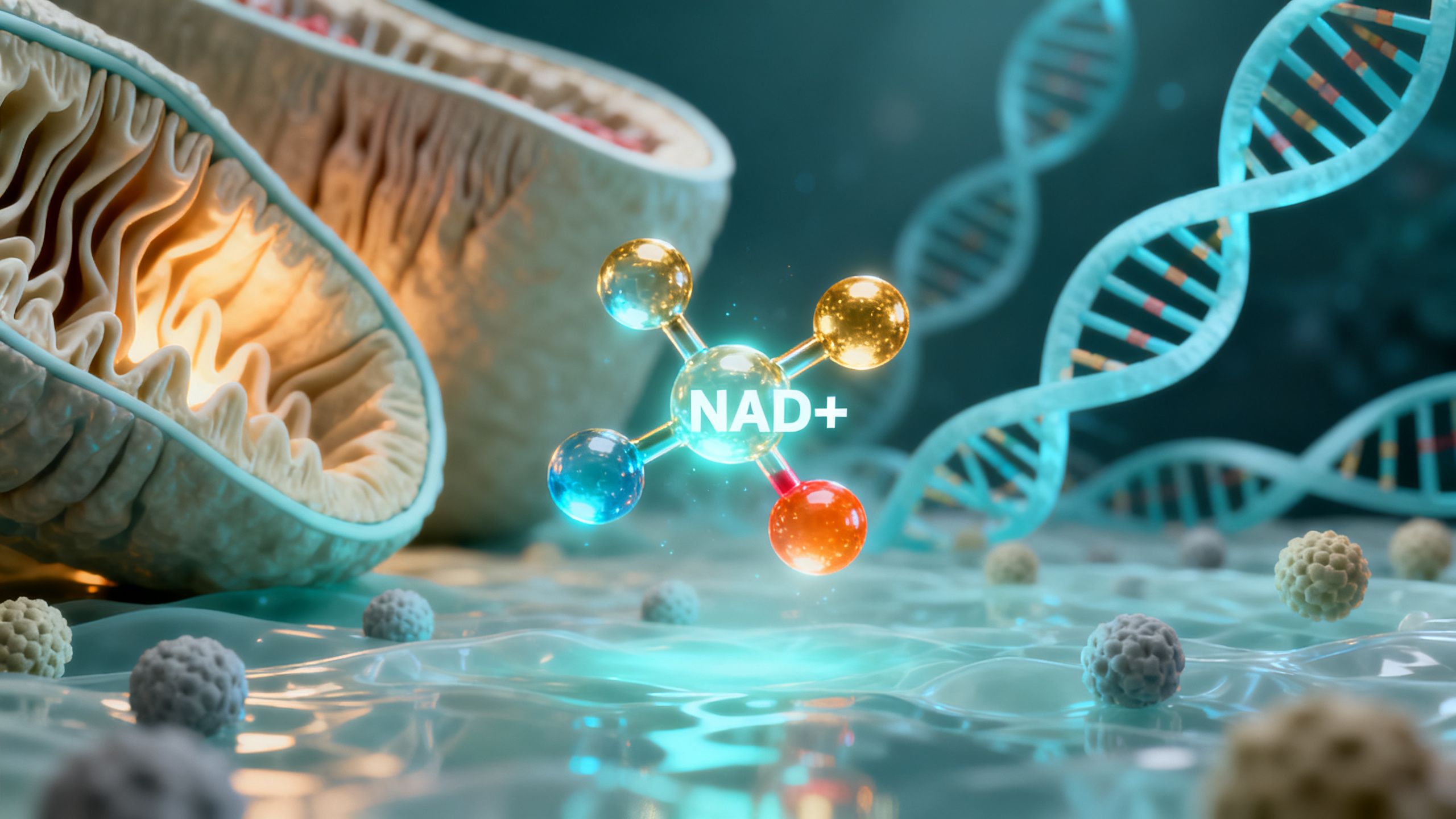 A 3D molecular model of the NAD+ molecule glowing inside a human cell, with mitochondria and DNA strands visible in the background, highlighting its central role in cellular energy and repair.