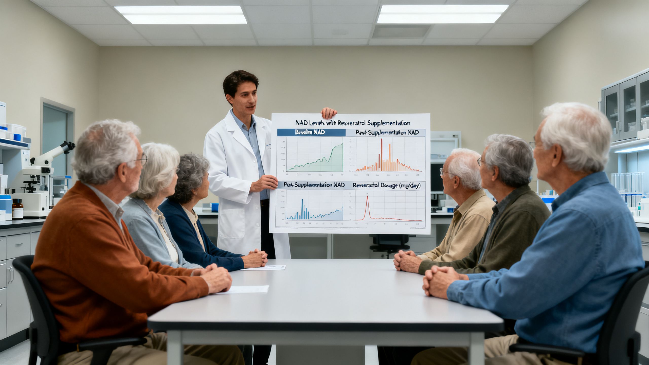 A clinical research setting where a diverse group of older adults are participating in a study. A researcher is explaining a chart, representing the investigation of NAD with resveratrol benefits on human health.
