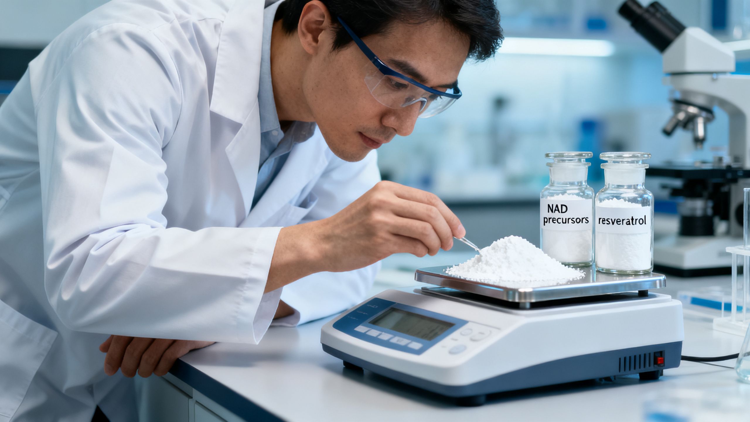 A scientist in a lab coat carefully measures white powders representing NAD precursors and resveratrol on a high-precision scale, emphasizing the importance of accurate dosing and quality control.