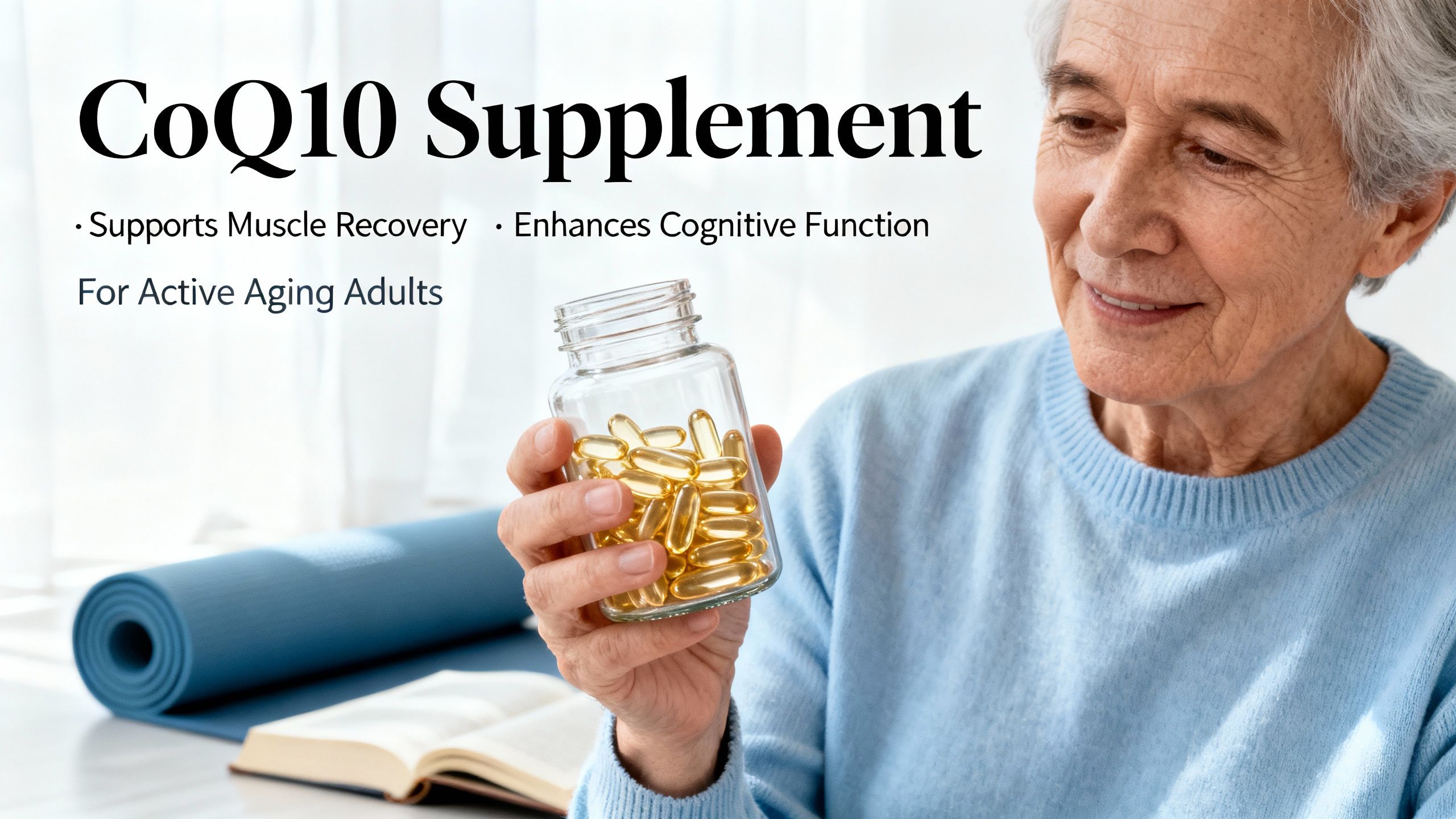 CoQ10 supplement capsules supporting muscle recovery and cognitive function in older adults