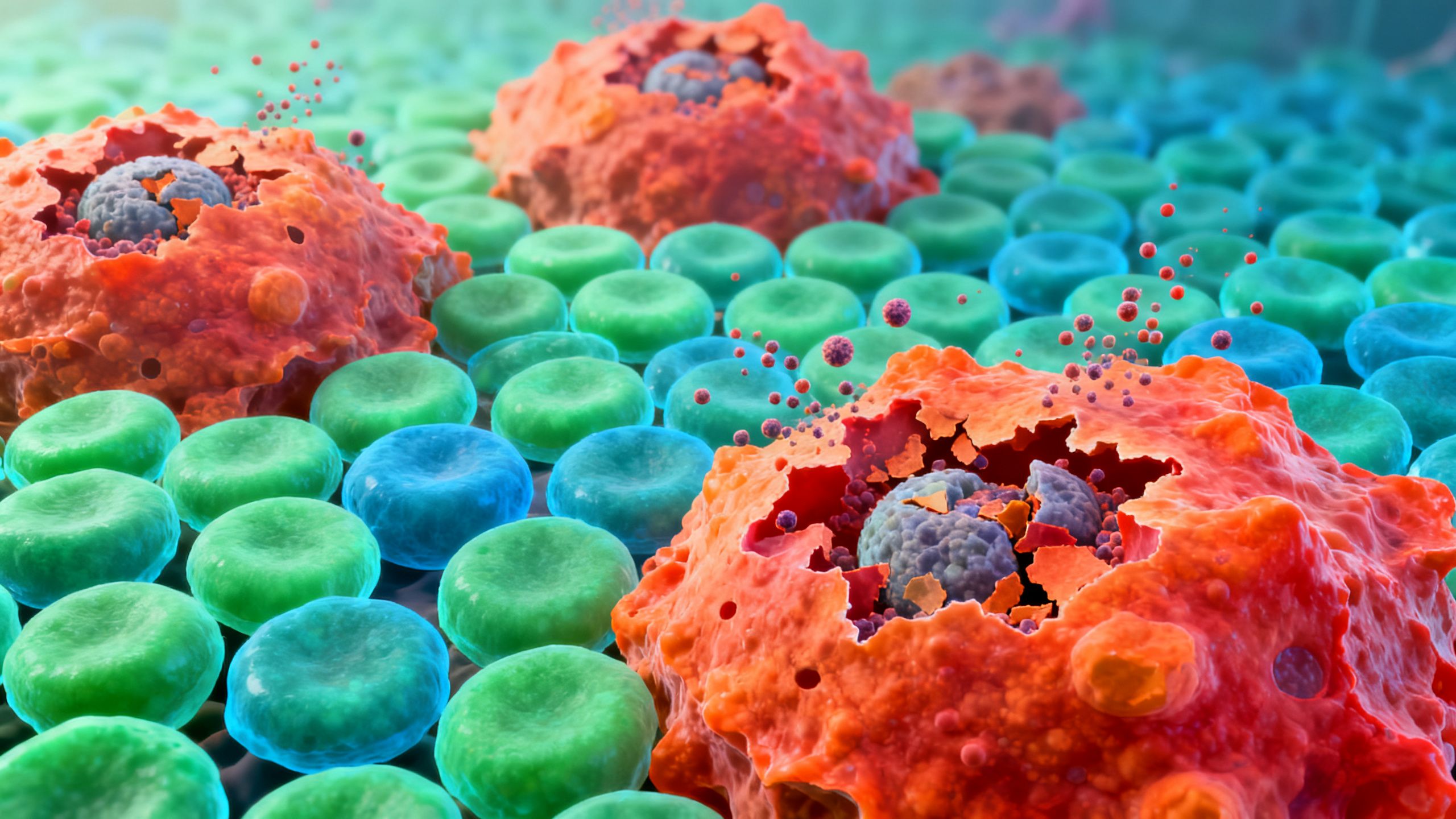 A microscopic view contrasting vibrant, healthy cells with larger, irregularly shaped senescent cells releasing inflammatory signals.