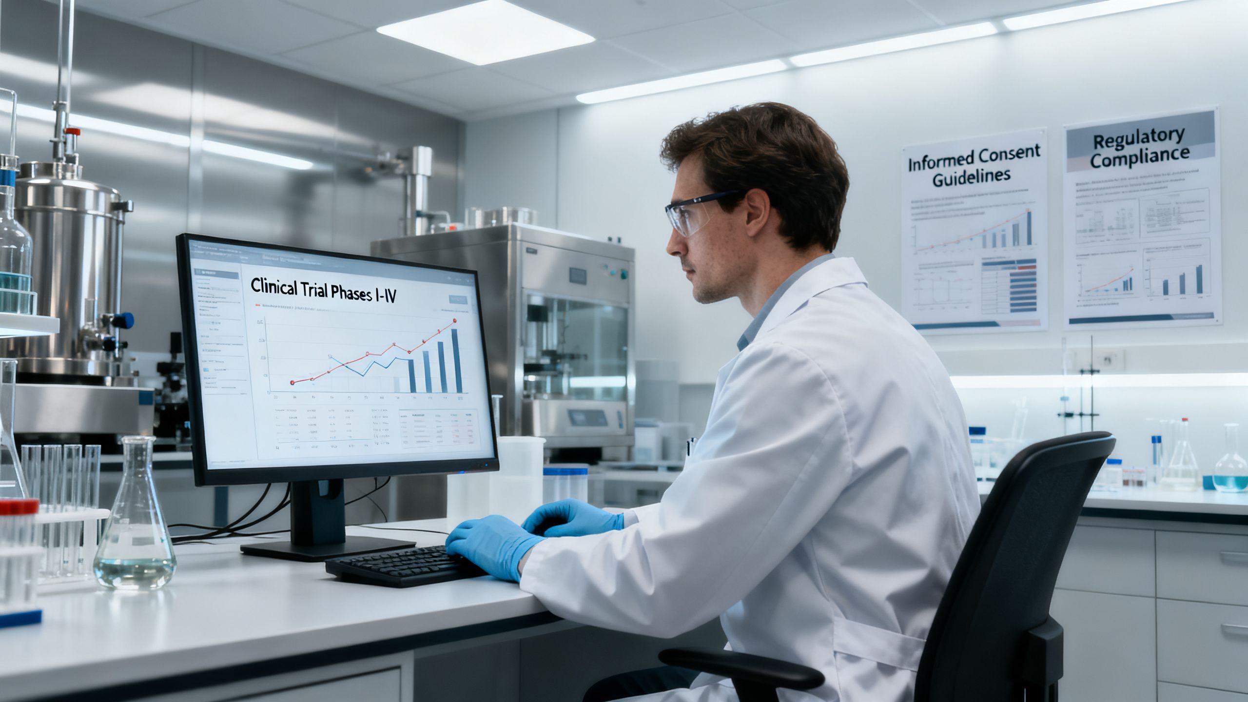 A clinical research scientist in a sterile laboratory environment, analyzing data on a computer screen with charts showing clinical trial phases. The image conveys the complexity of human research.