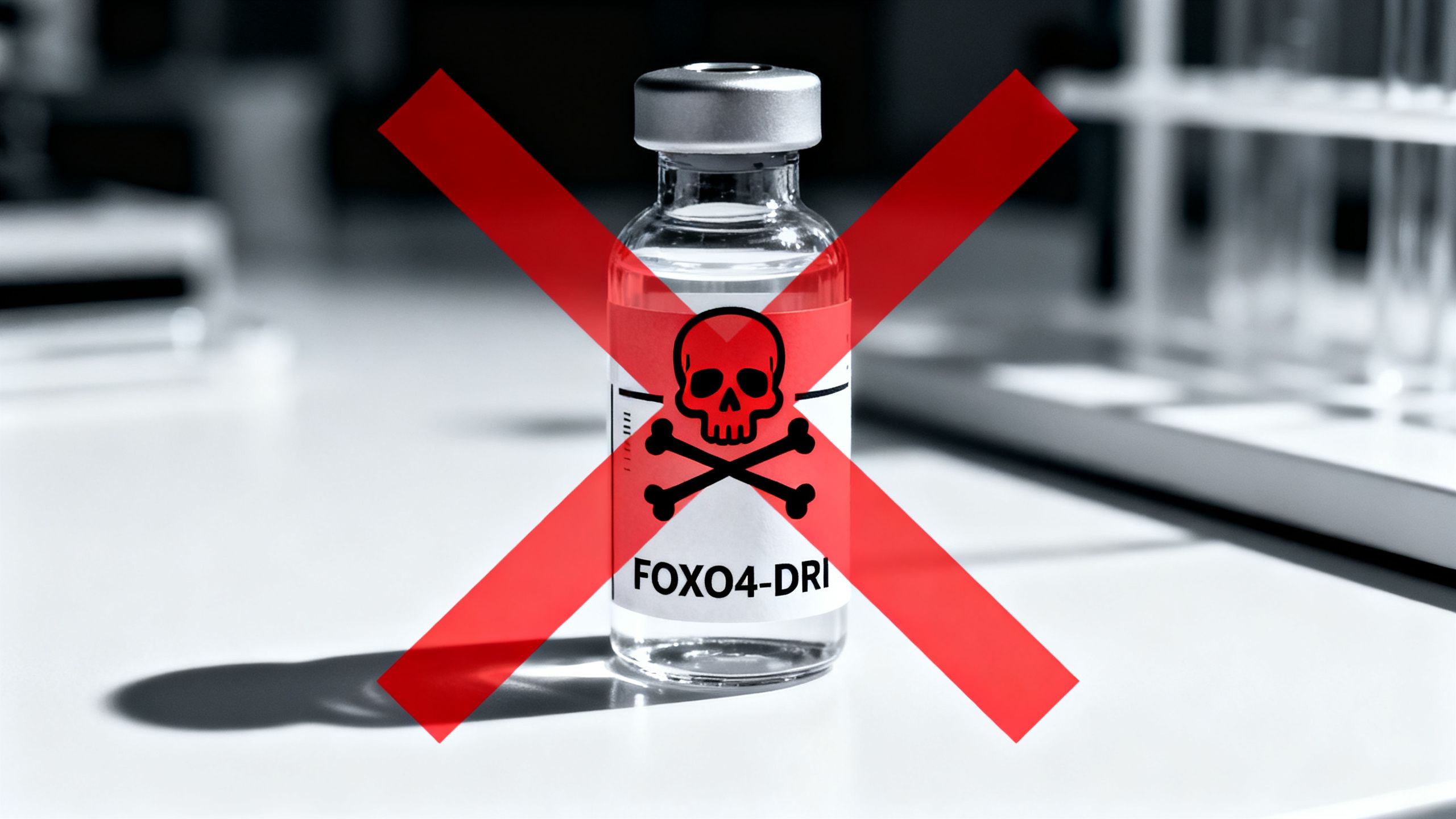 A stark image of a vial labeled "FOXO4-DRI" with a prominent red warning symbol overlaid, emphasizing the danger and experimental nature of the compound.