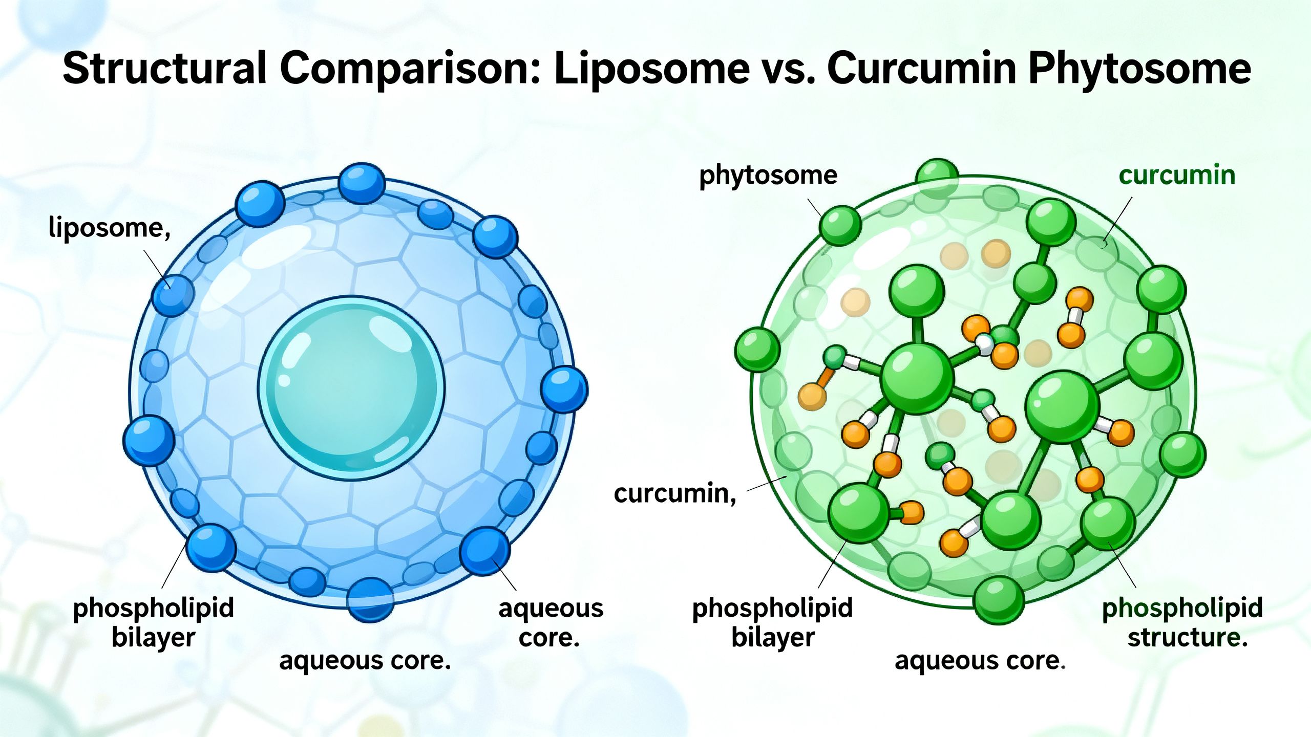 A scientific diagram illustrating the structural difference between a liposome and a curcumin phytosome, highlighting how the phytosome integrates curcumin into its phospholipid structure for better absorption.