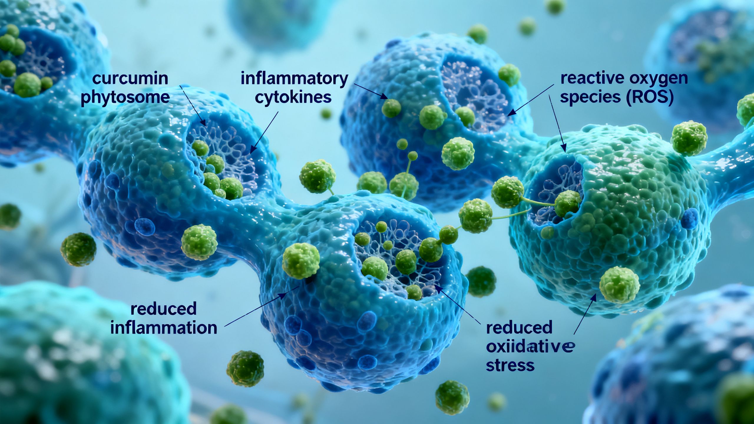 A microscopic illustration showing how curcumin phytosome benefits cellular health by reducing inflammation and oxidative stress in human cells.