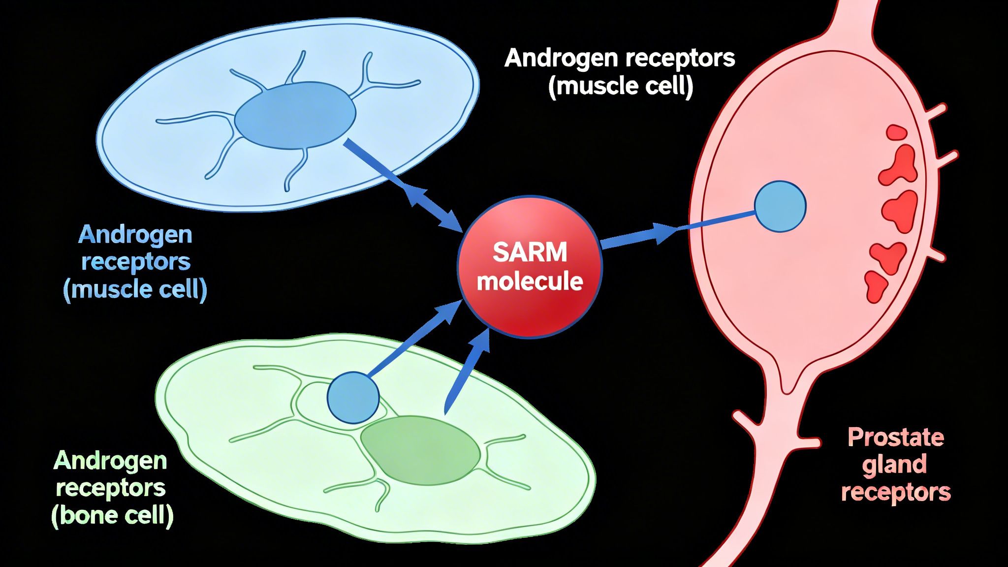 A scientific diagram showing a SARM molecule selectively binding to androgen receptors in muscle and bone cells, while avoiding receptors in the prostate gland.