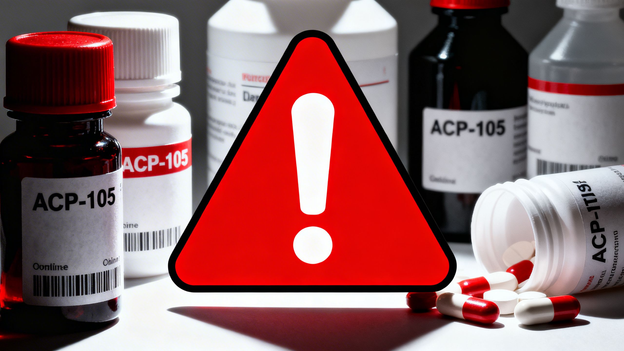 A prominent red warning symbol with an exclamation mark overlaid on a background of unlabeled chemical bottles and pills, starkly representing the dangers of purchasing unregulated ACP-105 for sale online.