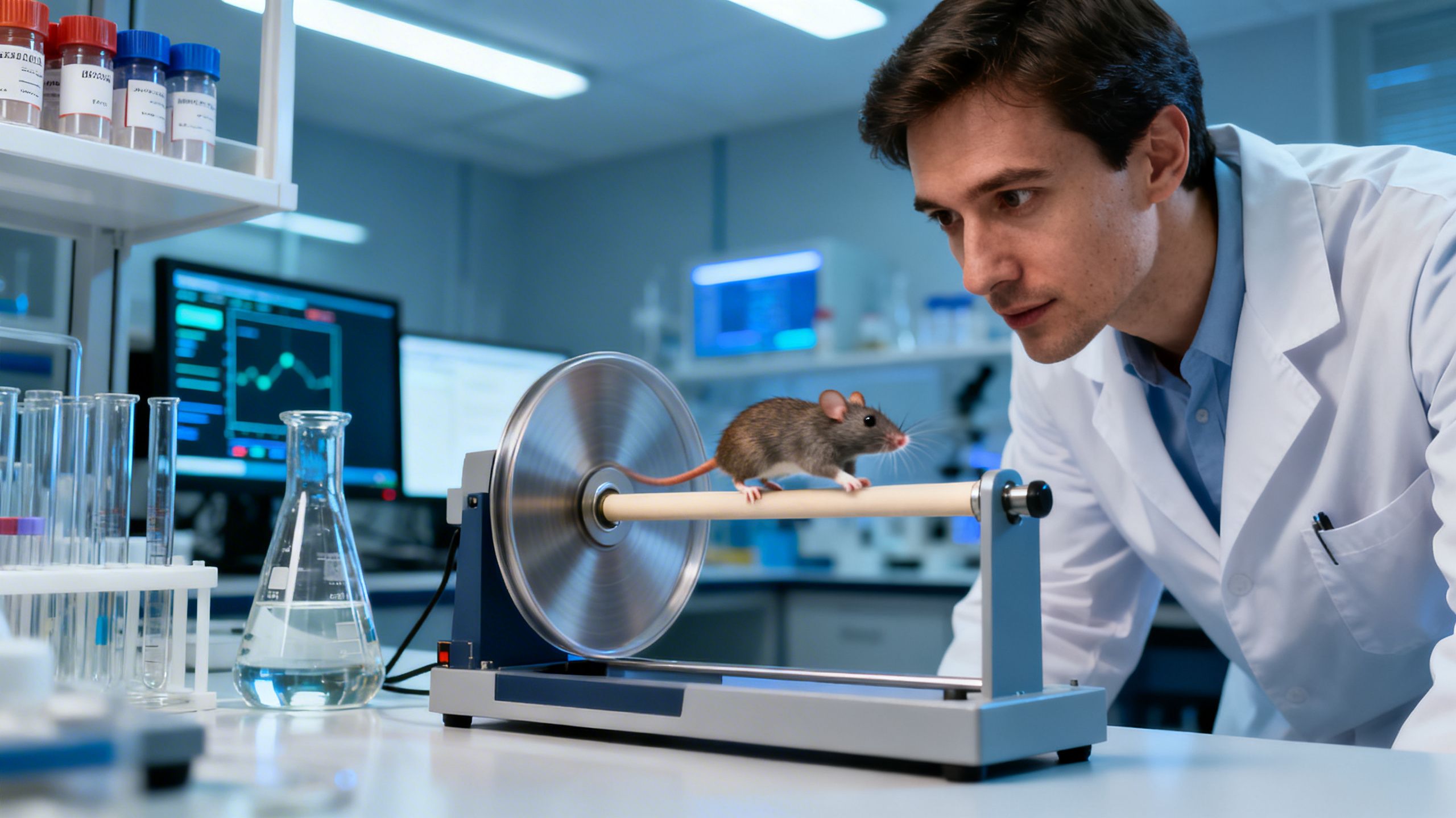 A high-resolution image of a laboratory setting with a scientist carefully observing a mouse on a rotarod apparatus, symbolizing the pre-clinical research into motor function and the effects of ACP-105.