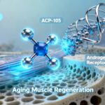 A futuristic, scientific illustration of the ACP-105 molecule interacting with an androgen receptor, with a backdrop of muscle fibers and bone structure, symbolizing its potential applications in aging muscle.