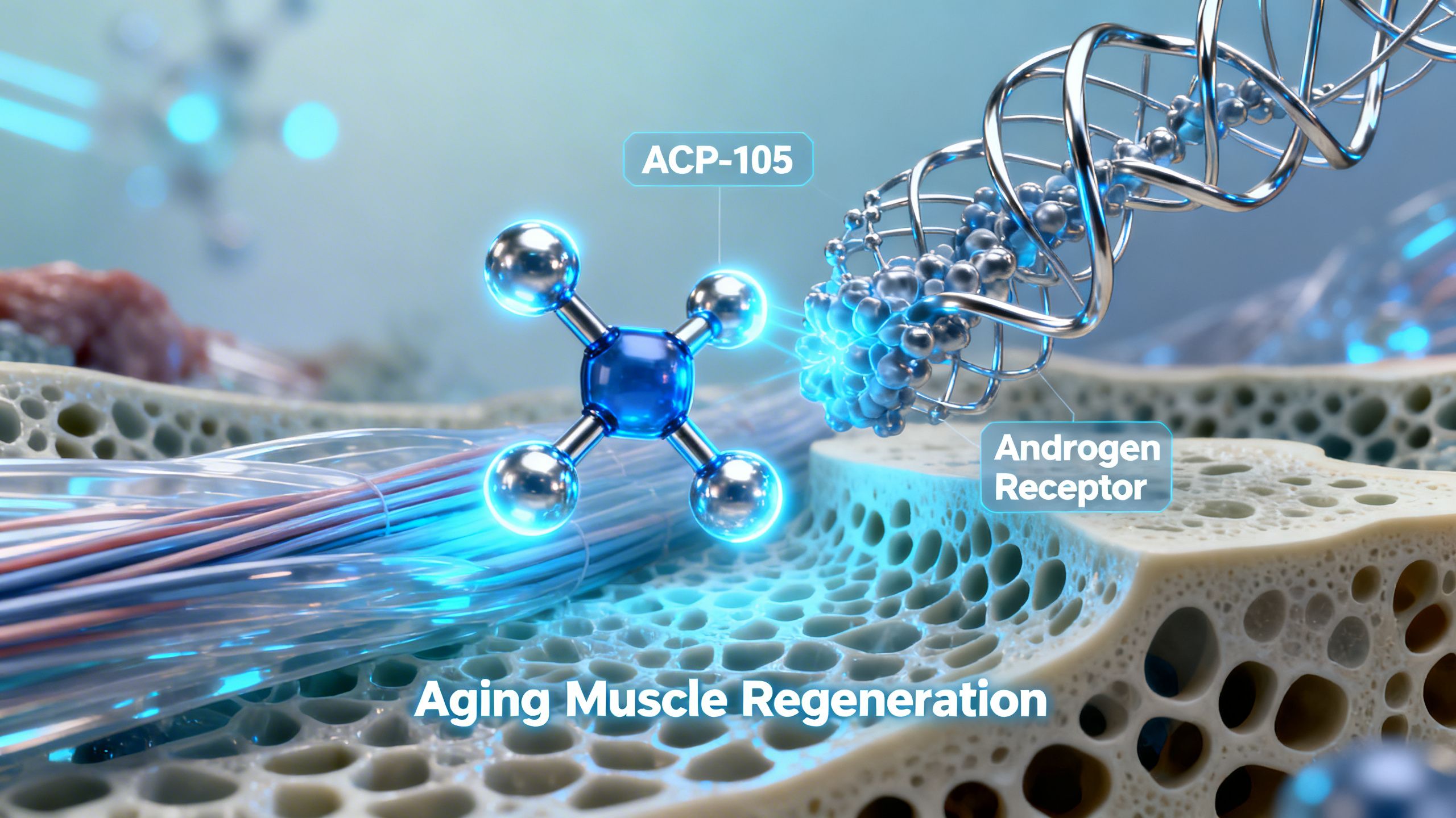 A futuristic, scientific illustration of the ACP-105 molecule interacting with an androgen receptor, with a backdrop of muscle fibers and bone structure, symbolizing its potential applications in aging muscle.