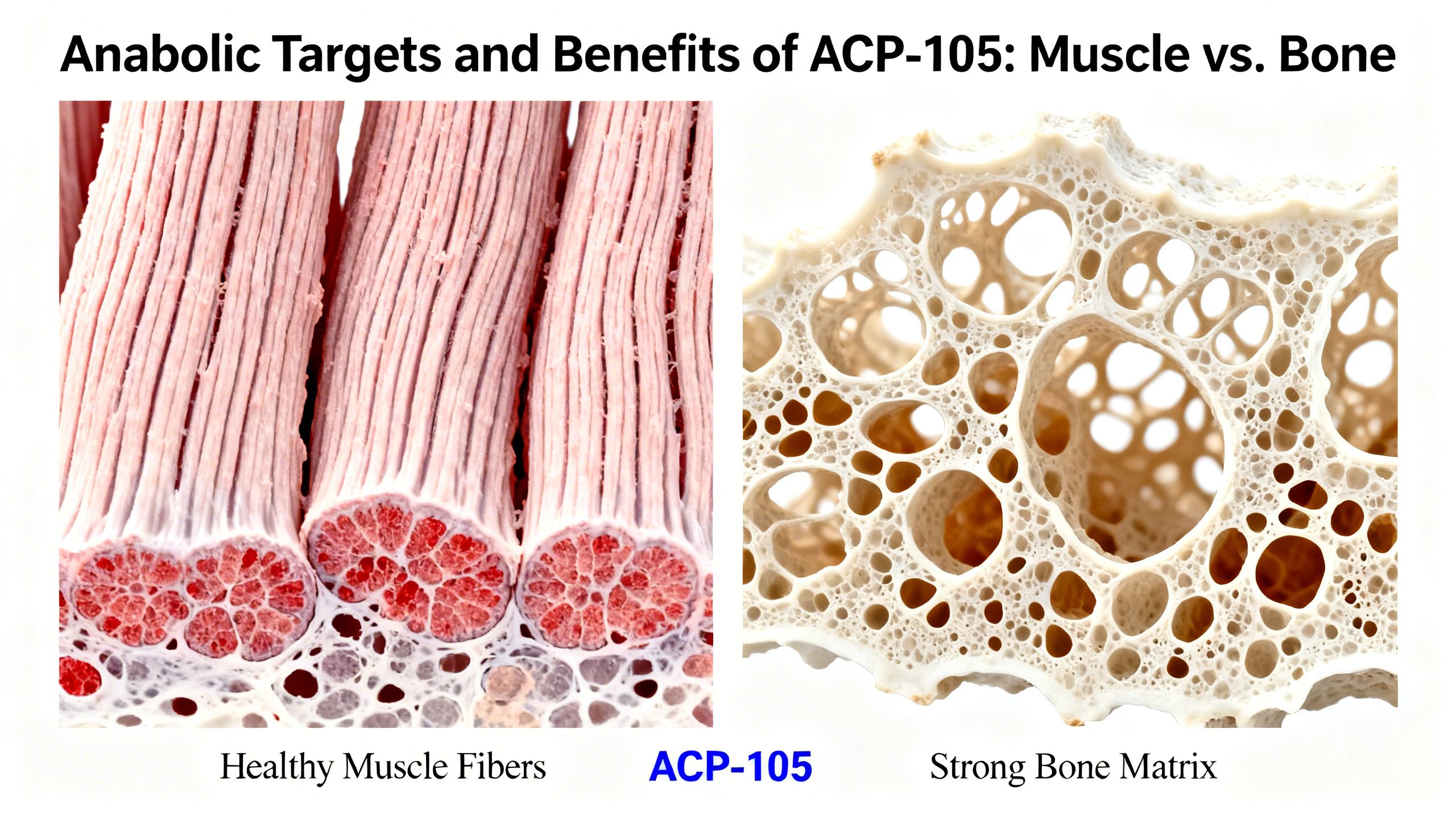 A split-screen image showing a microscopic view of dense, healthy muscle fibers on one side and a strong, intricate bone matrix on the other, illustrating the potential anabolic targets and benefits of ACP-105.
